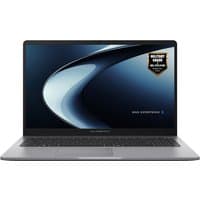 ASUS ExpertBook P1 laptop with sleek silver design, black keyboard, and a 15.6-inch display showing a dynamic wave graphic.