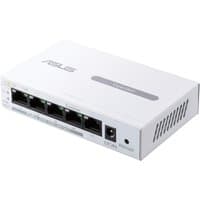 ASUS ExpertWiFi EBP15 white PoE Ethernet switch with five ports, vented sides, and sleek rectangular design.