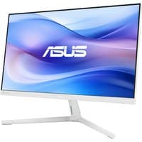 White ASUS EyeCare VU279HFI-W monitor, 27-inch, slim bezels, sleek stand, displaying blue and purple wave design.