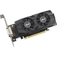 Black ASUS GeForce RTX 3050 graphics card with dual fans, PCIe connector, and metal bracket.