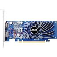 ASUS GT1030 graphics card with blue circuit board, black fan, and silver heatsink, featuring HDMI and DVI ports.