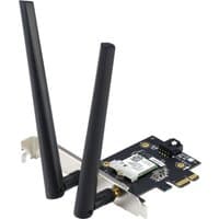 ASUS PCE-AX1800 internal WLAN/Bluetooth card with dual black antennas and PCIe connector.