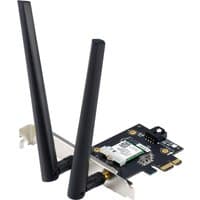 ASUS PCE-AXE5400 WLAN card with dual black antennas and PCIe interface, featuring green circuit board.