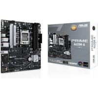 ASUS PRIME A620M-A-CSM micro ATX motherboard with black PCB, silver heatsinks, and multiple expansion slots, next to box.