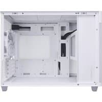 White ASUS PRIME AP201 Mini Tower case with mesh front panel, clear side, and compact design.