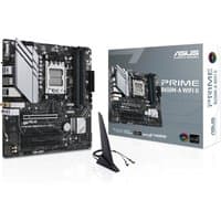 ASUS PRIME B650M-A WIFI II micro ATX motherboard, black with silver accents, includes box and WiFi antenna.