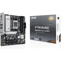 ASUS PRIME B840M-A-CSM micro ATX motherboard, black with silver accents, next to its branded packaging box.