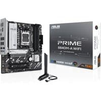 ASUS PRIME B840M-A WIFI micro ATX motherboard with black PCB, silver heatsinks, and WiFi antenna, next to packaging.