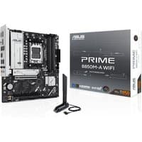 ASUS PRIME B850M-A WIFI micro ATX motherboard, black with silver accents, includes WiFi antenna, next to branded box.