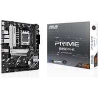 ASUS PRIME B850M-K micro ATX motherboard with black PCB, silver heatsinks, and box packaging.
