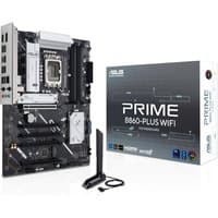 ASUS PRIME B860-PLUS WIFI motherboard, black with silver accents, includes antenna and packaging box.