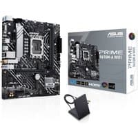 ASUS PRIME H610M-A WIFI micro ATX motherboard with black PCB, silver heatsinks, and box packaging.