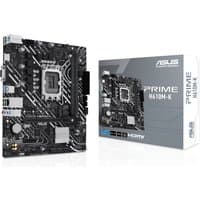 ASUS Prime H610M-K micro ATX motherboard with black PCB, silver heatsinks, and white circuit patterns, next to its box.