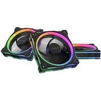 ASUS Prime MR120 ARGB Reverse Black 12 cm fans, 3-pack, with vibrant multicolor LED rings and sleek black frames.