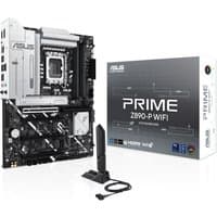 ASUS PRIME Z890-P WIFI motherboard, black and silver design, with antenna and box displaying product details.