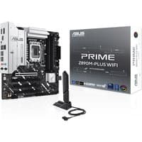 ASUS PRIME Z890M-PLUS WIFI micro ATX motherboard with black PCB, silver heatsinks, and WiFi antenna, next to box.