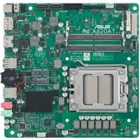 ASUS Pro A620AT-CSM motherboard, green PCB, socket AM5, thin Mini ITX, multiple ports, RAM slots, and capacitors.