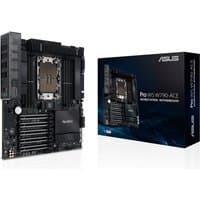 ASUS PRO WS W790-ACE motherboard, black with multiple PCIe slots, large CPU socket, next to branded box.