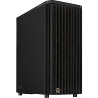 Black ASUS ProArt PA401 tower with wood metal finish, vertical slatted front panel, and rounded top edges.