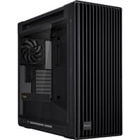 Black ASUS ProArt PA602 midi tower with mesh front panel, side ventilation, and visible internal cooling fan.