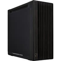 Black ASUS ProArt PA602 Wood Edition, metal panel midi tower with wood accents and vertical slatted front design.
