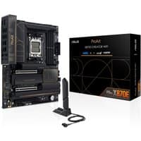 ASUS ProArt X870E-CREATOR WIFI motherboard, black with gold accents, AM5 socket, includes antenna and packaging box.