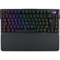 Black ASUS ROG Azoth gaming keyboard with RGB backlit keys, detachable wrist rest, and ROG logo on the top right.