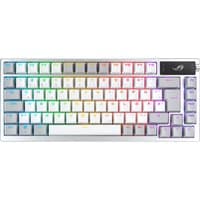 White ASUS ROG Azoth gaming keyboard with RGB backlit keys, wireless and Bluetooth connectivity options.