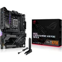 ASUS ROG CROSSHAIR X870E APEX motherboard, black with RGB lighting, AM5 socket, ATX form, with antenna and box.