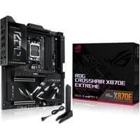 ASUS ROG CROSSHAIR X870E EXTREME motherboard, black with RGB lighting, socket AM5, extended ATX, with box and accessories.