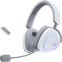 White and gray ASUS ROG Delta II headset with detachable mic, RGB lighting, and USB dongle for wired and wireless use.