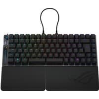 Black ASUS ROG Falcata gaming keyboard, RGB backlit, detachable wrist rest, USB, RF wireless, Bluetooth connectivity.