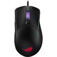 Black ASUS ROG Gladius III gaming mouse with purple scroll wheel, red logo, and USB Type-A connection.