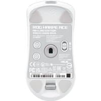 White ASUS ROG Harpe Ace Aim Lab Edition gaming mouse with ambidextrous design, wireless connectivity, and 36000 DPI.