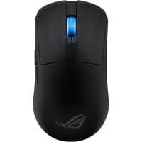 Black ASUS ROG Harpe Ace Mini gaming mouse, ambidextrous, with blue scroll wheel and ROG logo on the palm rest.