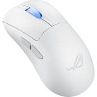 White ASUS ROG Keris II Ace Wireless gaming mouse, right-hand, with blue scroll wheel and side buttons, 42000 DPI optical.