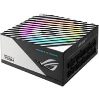 ASUS ROG Loki SFX-L 750W PSU, black and silver with RGB fan, 20+4 pin ATX connectors, sleek angular design.
