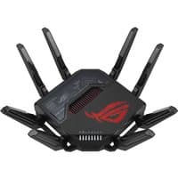 Black ASUS ROG Rapture GT-BE98 wireless router with eight angular antennas and red logo on top.