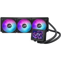 ASUS ROG Ryujin III 360 ARGB cooler, black with three RGB fans and digital display on pump.