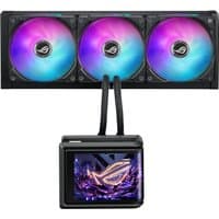 Black ASUS ROG Ryuo IV SLC 360 ARGB liquid cooler with three 12 cm RGB fans and illuminated display.