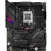 ASUS ROG STRIX B650E-E GAMING WIFI motherboard, black ATX with RGB lighting, multiple PCIe slots, and AM5 socket.