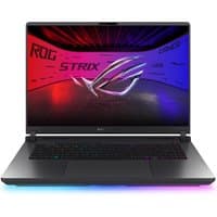ASUS ROG Strix G16 laptop with RGB keyboard, sleek black design, and vibrant display showing ROG logo and graphics.