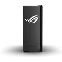 Black ASUS ROG Strix GS-BE18000 router, vertical design, ROG logo, tri-band, 2.5 Gigabit Ethernet, sleek finish