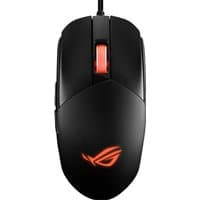 Black ASUS ROG Strix IMPACT III gaming mouse with red scroll wheel and illuminated logo, USB Type-A connection.