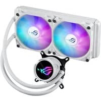 ASUS ROG Strix LC III 240 ARGB White liquid cooler with dual 12 cm RGB fans and illuminated logo on the pump.