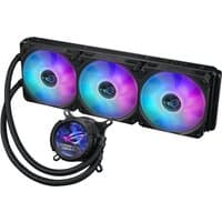 Black ASUS ROG STRIX LC III 360 ARGB liquid cooler with three 12 cm RGB fans and illuminated pump head.