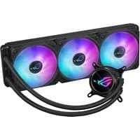 ASUS ROG Strix LC III 360 ARGB liquid cooler, black with three 12 cm RGB fans and illuminated logo on pump.