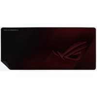 Black and red ASUS ROG Strix Scabbard II gaming mouse pad with ROG logo and smooth surface.