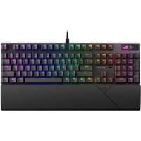Black ASUS ROG Strix Scope II X gaming keyboard with RGB backlit keys and detachable wrist rest.