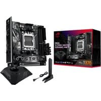 ASUS ROG STRIX X870-I mini ITX motherboard, black with RGB accents, includes WiFi antenna and stand, next to product box.